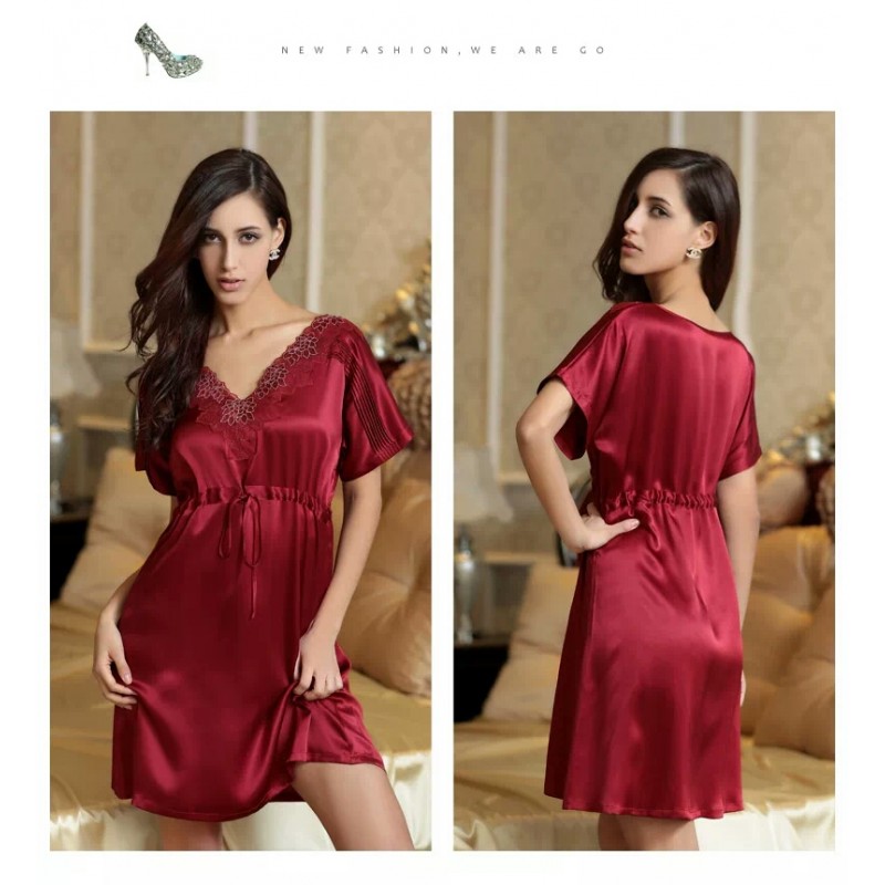 Pure Silk Pajamas Dress Pink Red Women Summer Dress